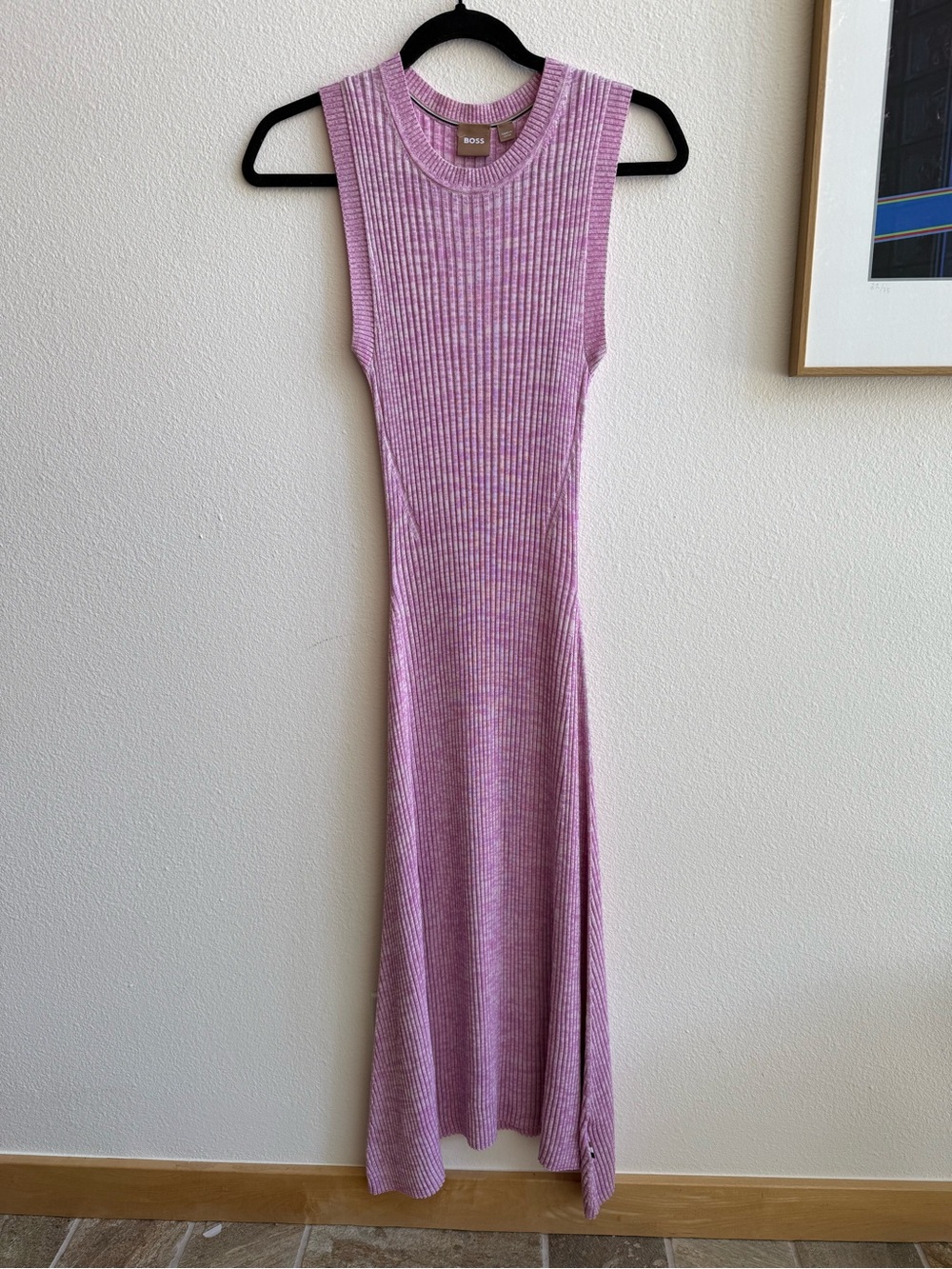BOSS Hugo Boss Pink Rib Knit Sleeveless Midi Dress Womens L Stretch